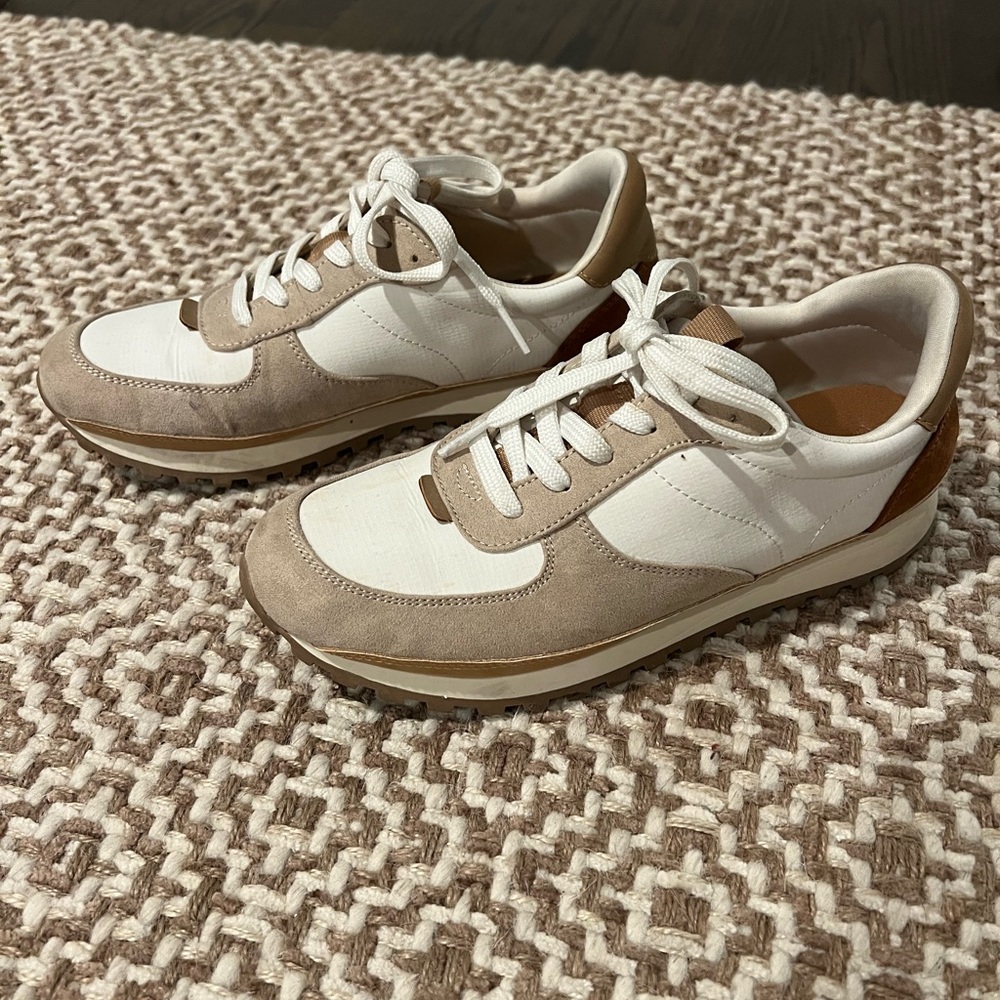Stylish White and Tan Sneakers